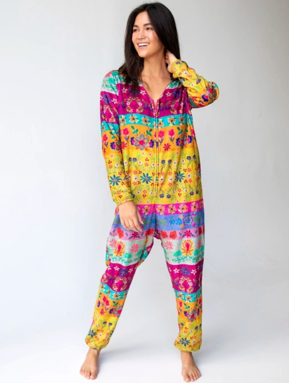 Natural Life Fleece Colorful Boho Onesie Pajamas Magenta Floral Border Medium